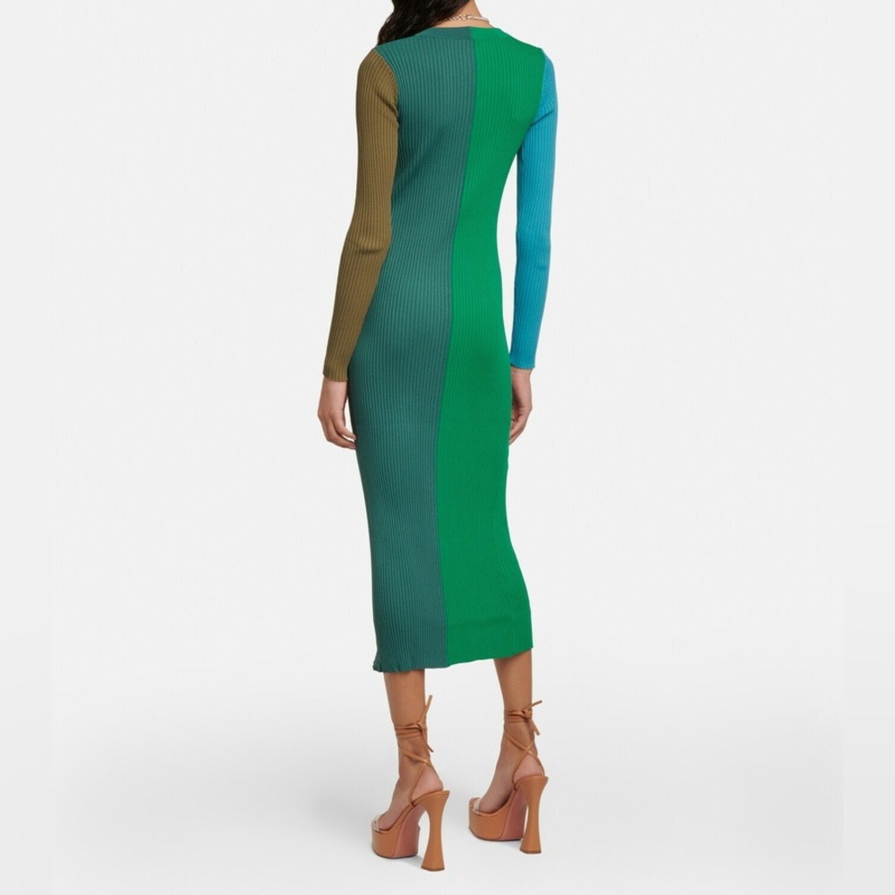 Staud Shoko Sweater Dress Fern Multi Green Colorblock Ribbed Duster Cardigan L - Picture 2 of 5